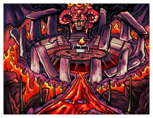 Brymstone arena artwork - an arena surrounded with flames and a giant demon head above it.